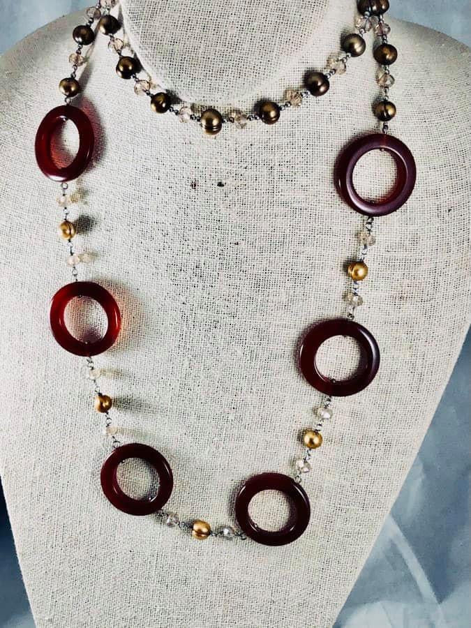 Brown/gold pearl and agate ring necklace