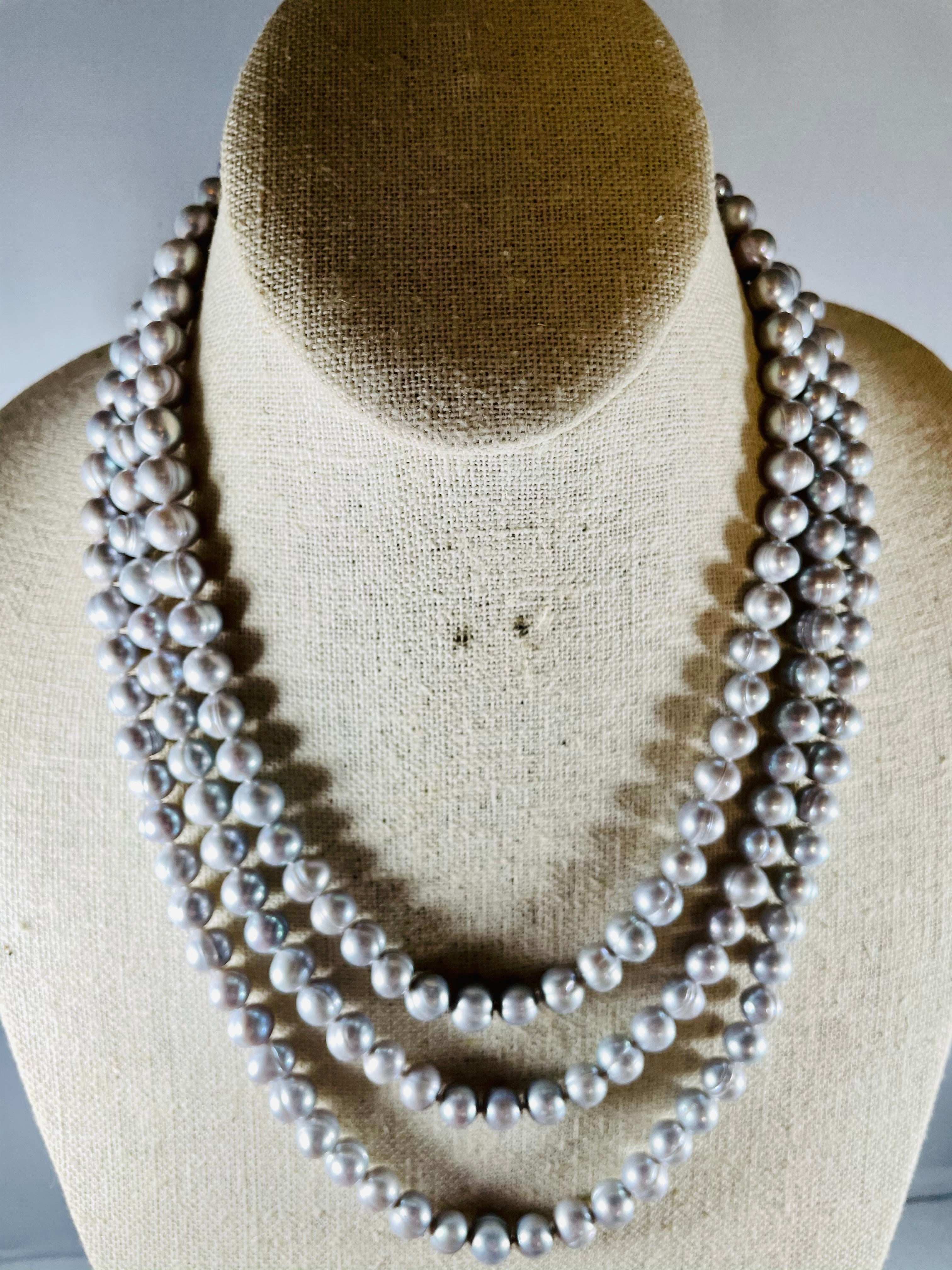 Triple Strand Silver Freshwater Pearl Necklace