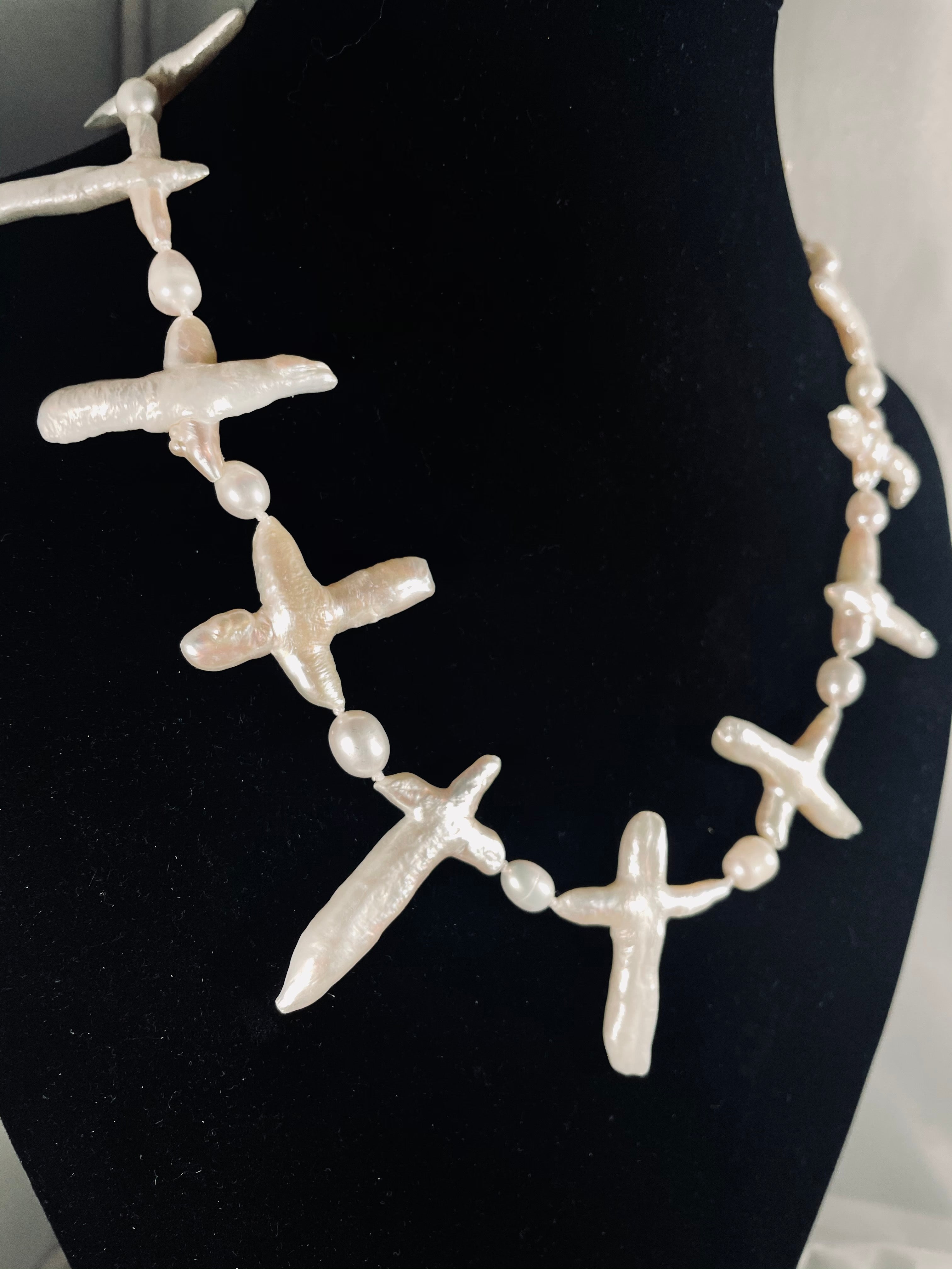 18" 6-8mm White Rice Cross Freshwater Pearl necklace