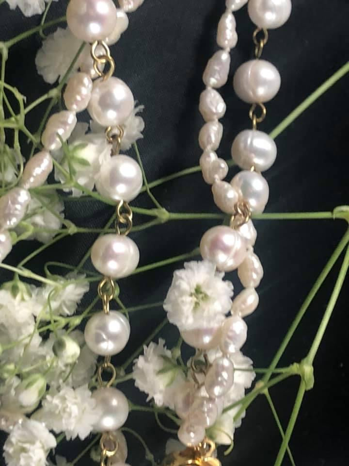 Double strand white pearl and pastel crystal necklace
