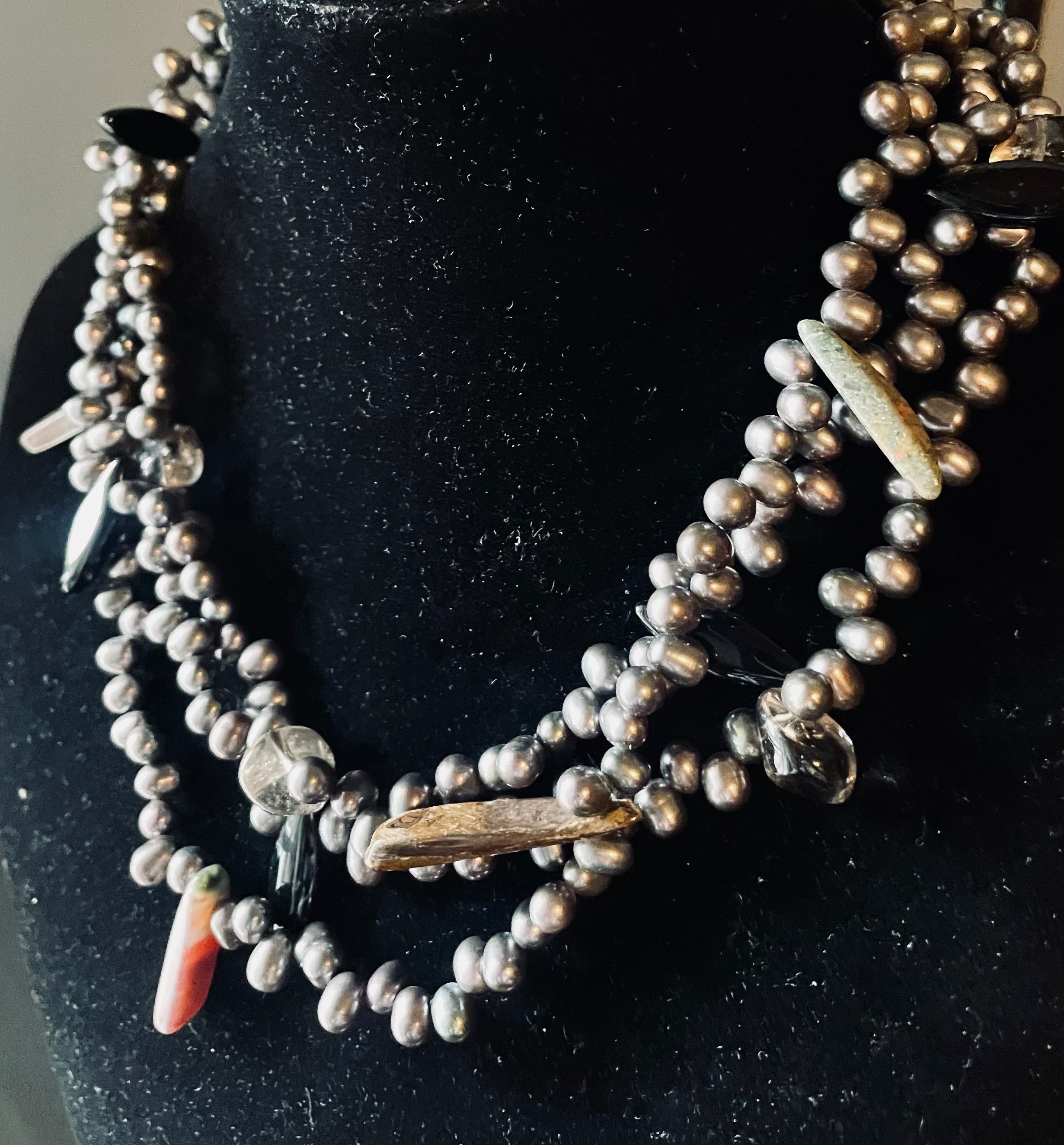 Triple Strand Mixed Pearl and Stone Necklace