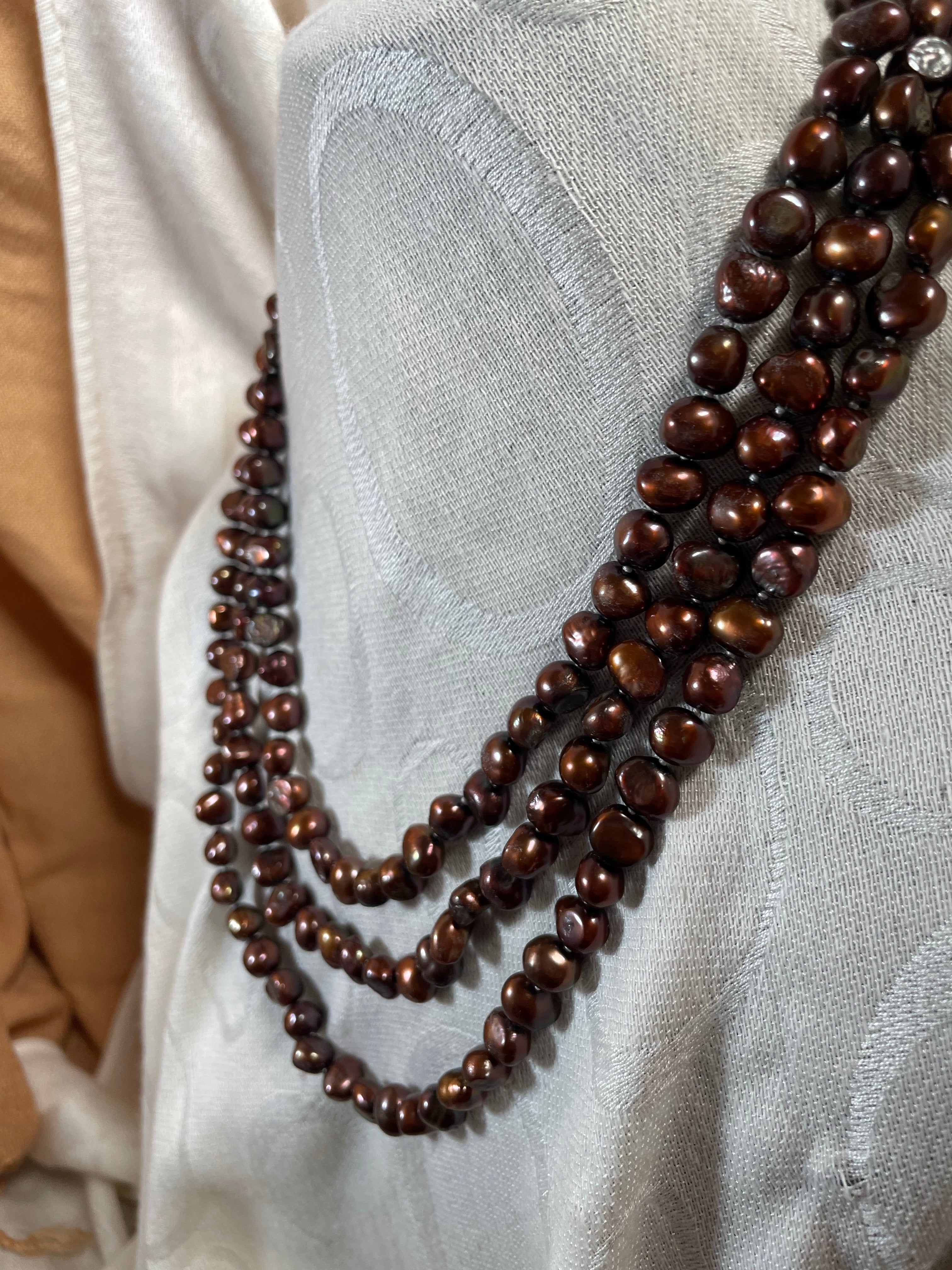 Brown nugget pearl triple strand necklace