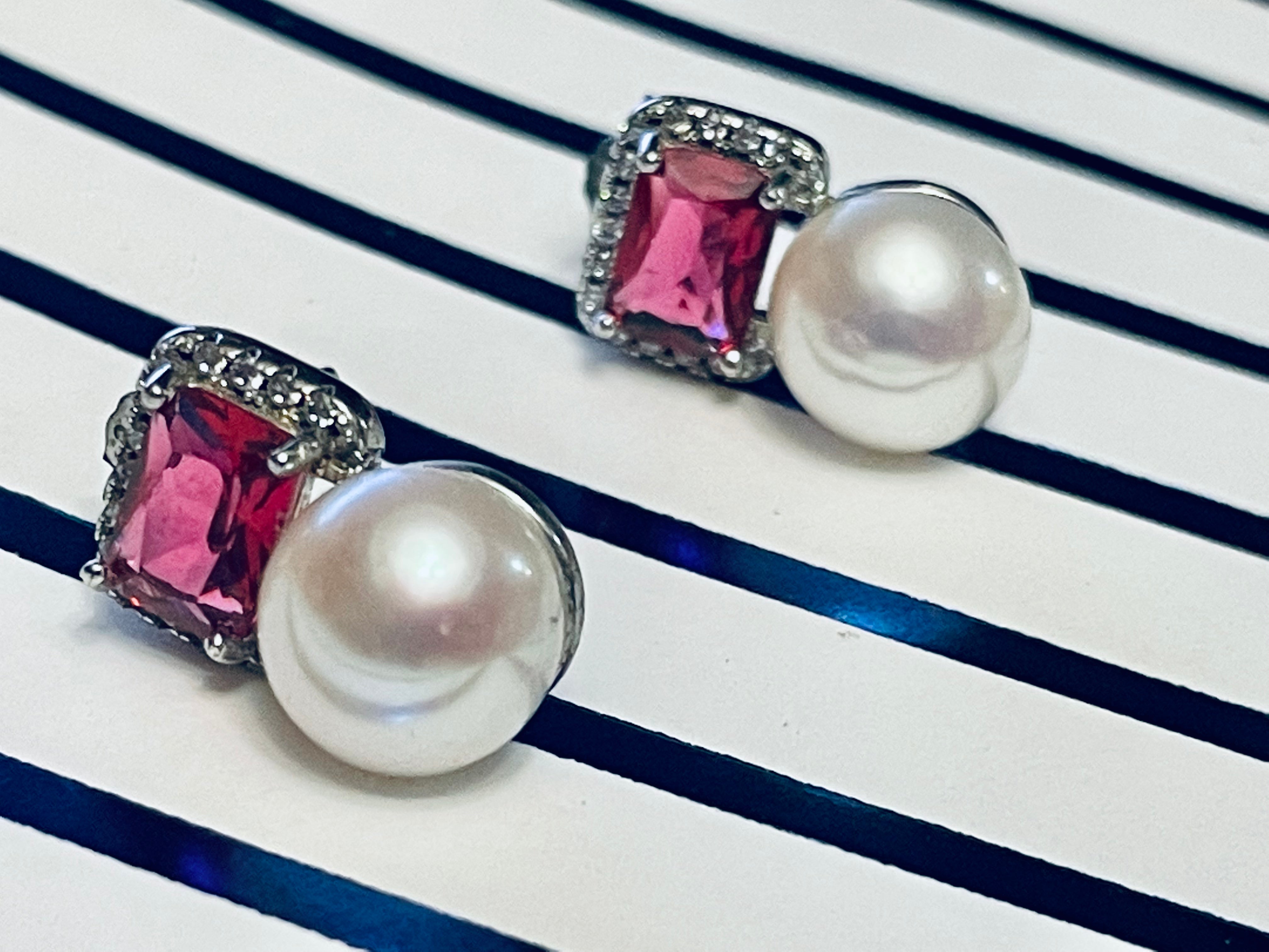Sterling Silver Pearl and Pink Crystal Stud Earrings