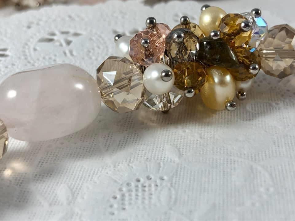 Agate and rose quartz freshwater Pearl and Crystal cluster necklace