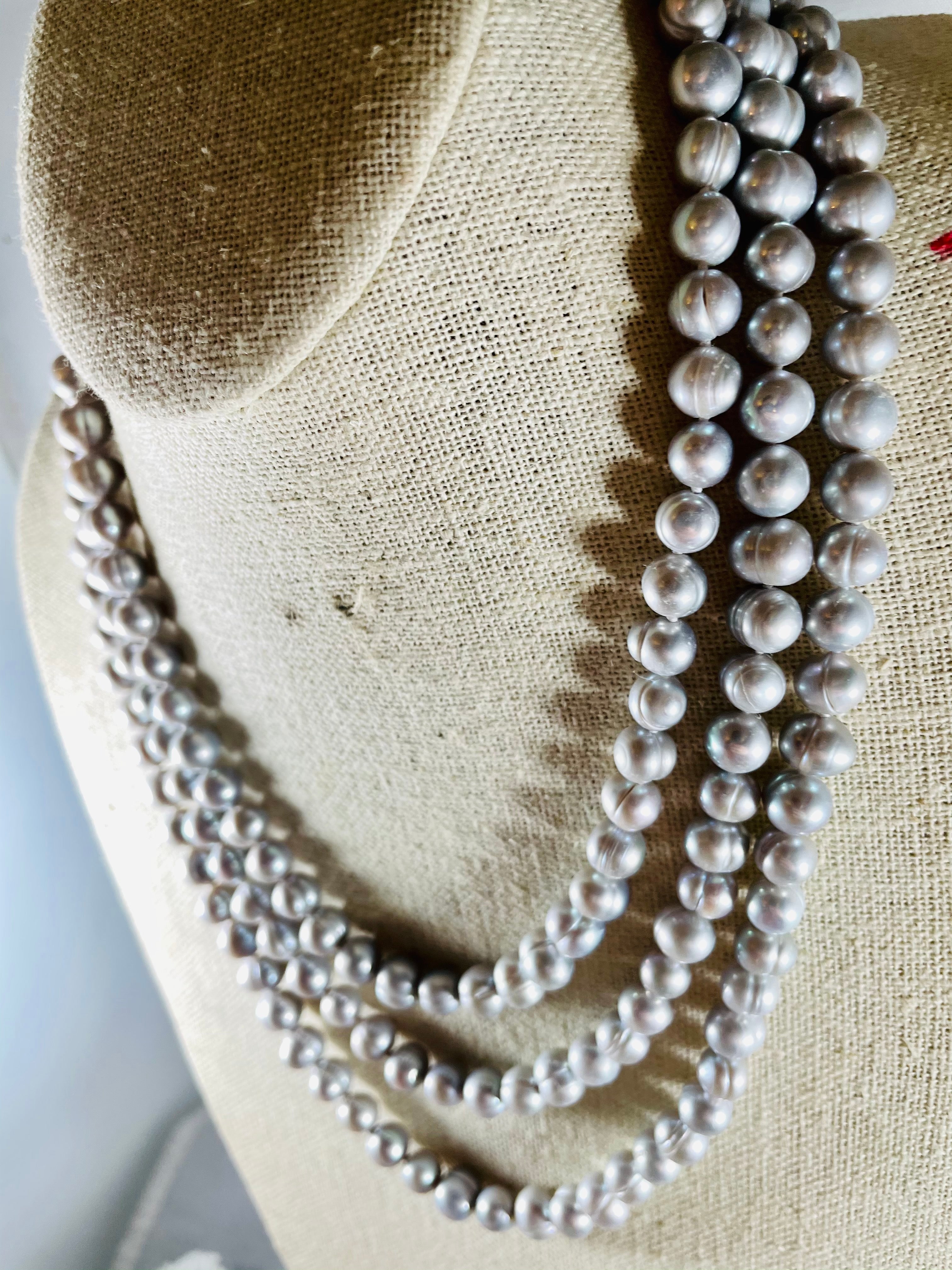 Triple Strand Silver Freshwater Pearl Necklace
